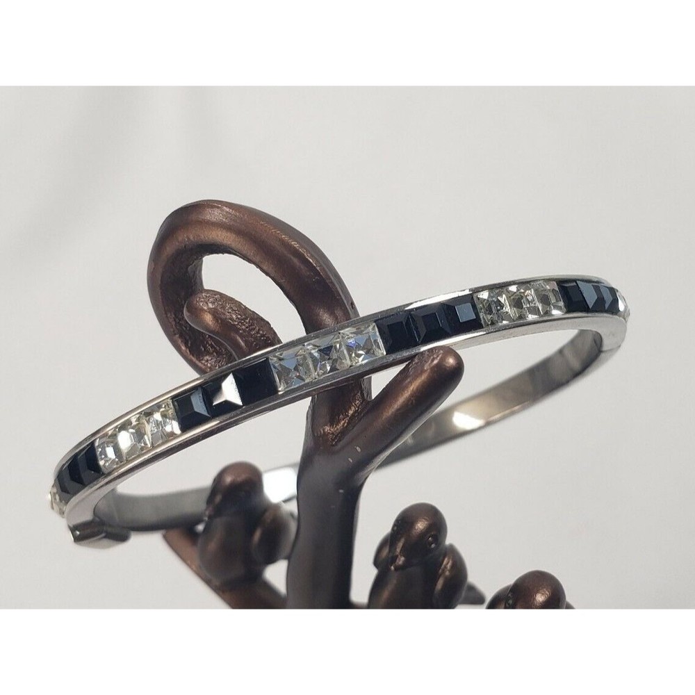 Vintage Art Deco 18k Gold Plated  Rhinestones Faux Onyx Bangle Bracelet Hinged
